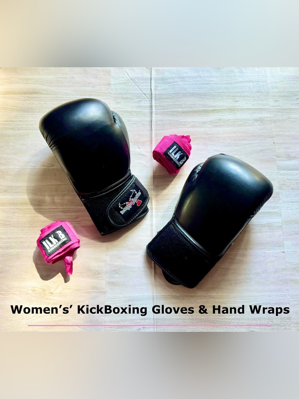 🥊 Black Kickboxing Gloves with Pink Hand Wraps - One Size